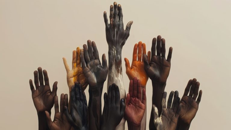 Mãos de diferentes tons de pele erguidas em fundo neutro, representando diversidade racial e experiências de discriminação no Brasil.