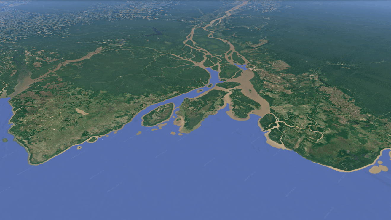 Foz do rio Amazonas com rios, ilhas e áreas de floresta no litoral norte do Brasil.
