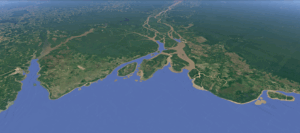 Foz do rio Amazonas com rios, ilhas e áreas de floresta no litoral norte do Brasil.