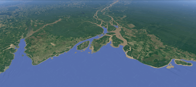 Foz do rio Amazonas com rios, ilhas e áreas de floresta no litoral norte do Brasil.