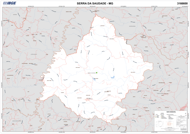Serra da Saudade Mapa do município de Serra da Saudade, MG, com divisas, vias e detalhes geográficos, conforme IBGE.