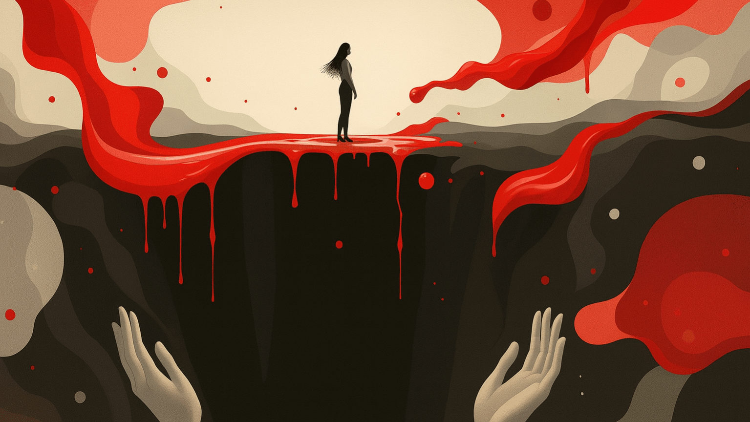 Ilustração de uma mulher solitária em pé sobre um abismo, com correntes vermelhas escorrendo e mãos erguidas no vazio, simbolizando o silenciamento da menopausa.