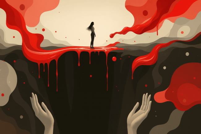 Ilustração de uma mulher solitária em pé sobre um abismo, com correntes vermelhas escorrendo e mãos erguidas no vazio, simbolizando o silenciamento da menopausa.