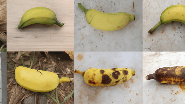 Montagem com bananas em oito estágios de maturação, do verde ao marrom escuro.