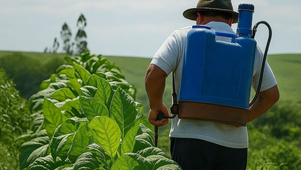 Agricultor aplica agrotóxicos em plantação de tabaco sem equipamento de proteção individual