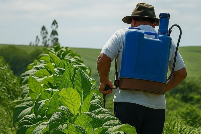 Agricultor aplica agrotóxicos em plantação de tabaco sem equipamento de proteção individual