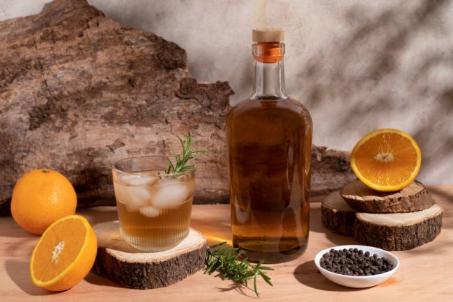Copo e garrafa de hidromel artesanal com laranja e alecrim sobre mesa de madeira.