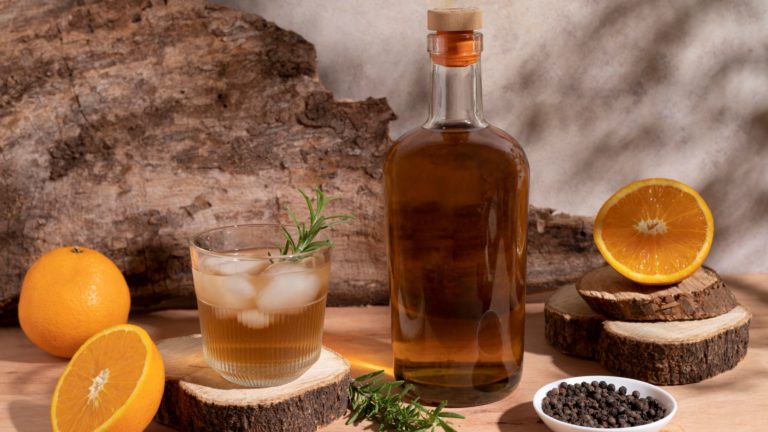 Copo e garrafa de hidromel artesanal com laranja e alecrim sobre mesa de madeira.
