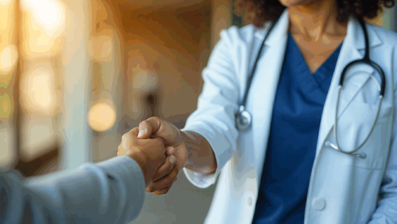 Médica de jaleco cumprimenta uma pessoa com um aperto de mãos, em ambiente iluminado de hospital.