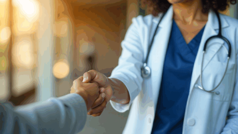 Médica de jaleco cumprimenta uma pessoa com um aperto de mãos, em ambiente iluminado de hospital.