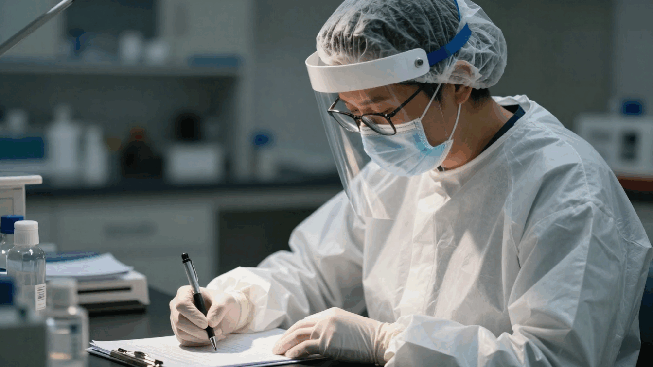 Cientista faz anotações vestindo avental, máscra e face shield