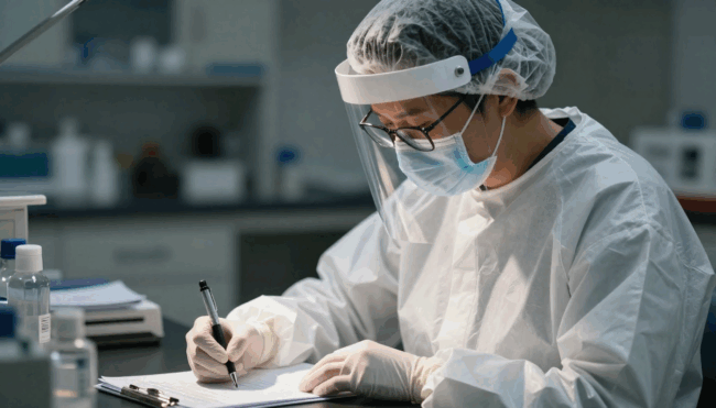Cientista faz anotações vestindo avental, máscra e face shield