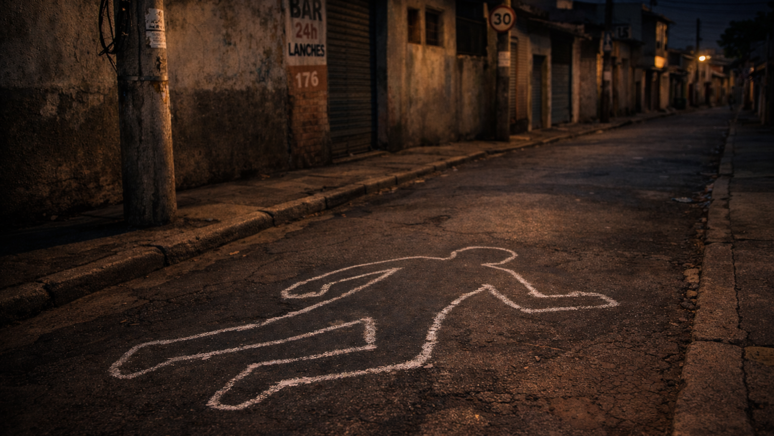 Rua urbana brasileira à noite, iluminada por poste de luz amarela, com contorno de corpo humano desenhado com giz branco no asfalto, em cenário silencioso e vazio