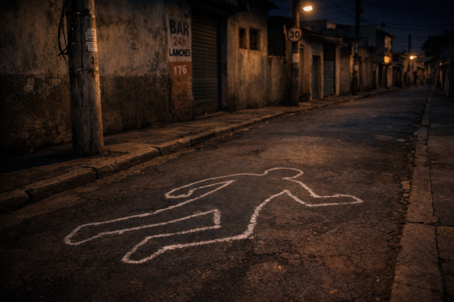 giz Rua urbana brasileira à noite, iluminada por poste de luz amarela, com contorno de corpo humano desenhado com giz branco no asfalto, em cenário silencioso e vazio
